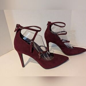 Burgundy Faux Suede 3 Strap Stilleto‎ Heels Sz.10W Christian Siriano